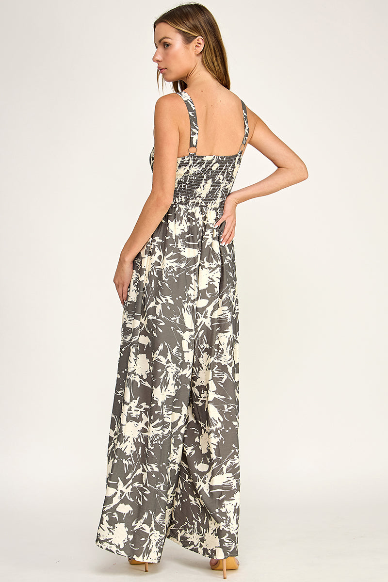 J5631-1 Tropical Leaf Print Tie-Front Wide Leg Jumpsuit