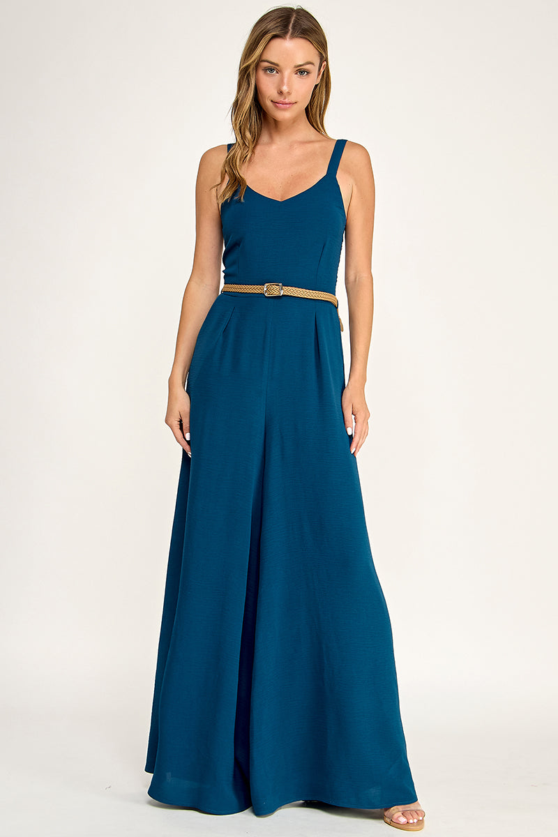 J5765 Solid V Neck Belted Jumpsuit