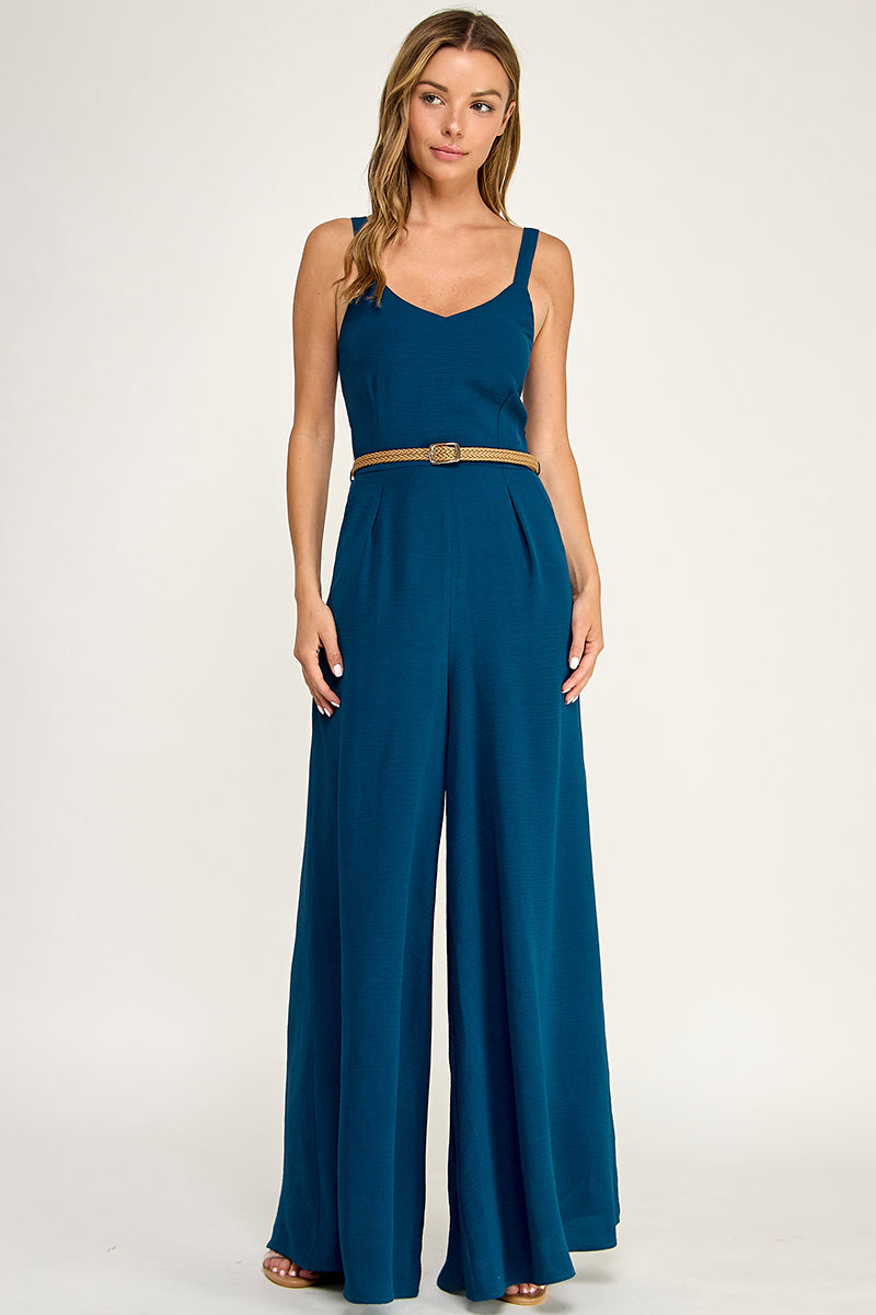 J5765 Solid V Neck Belted Jumpsuit