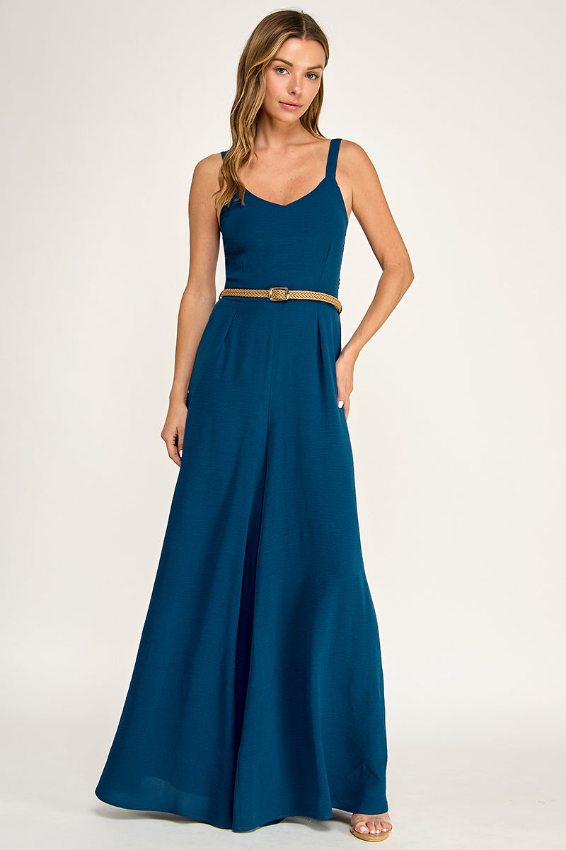J5765 Solid V Neck Belted Jumpsuit
