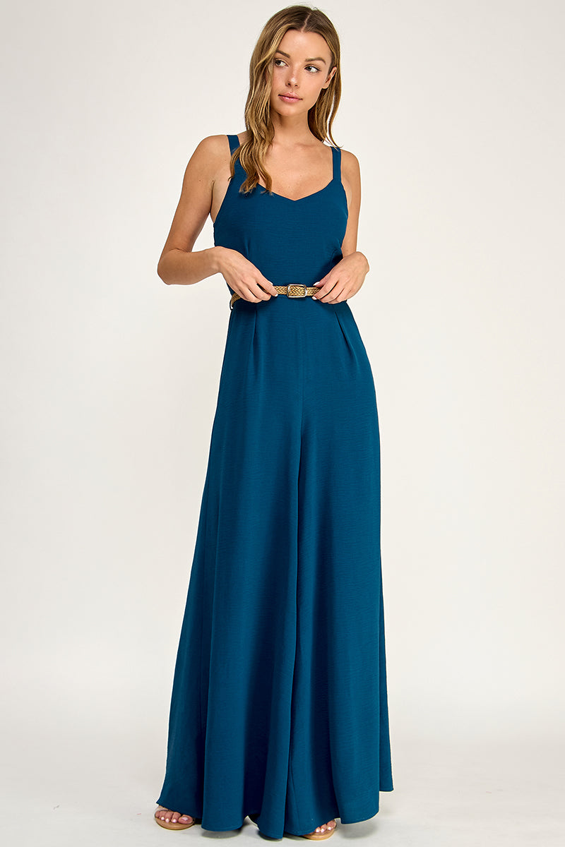 J5765 Solid V Neck Belted Jumpsuit