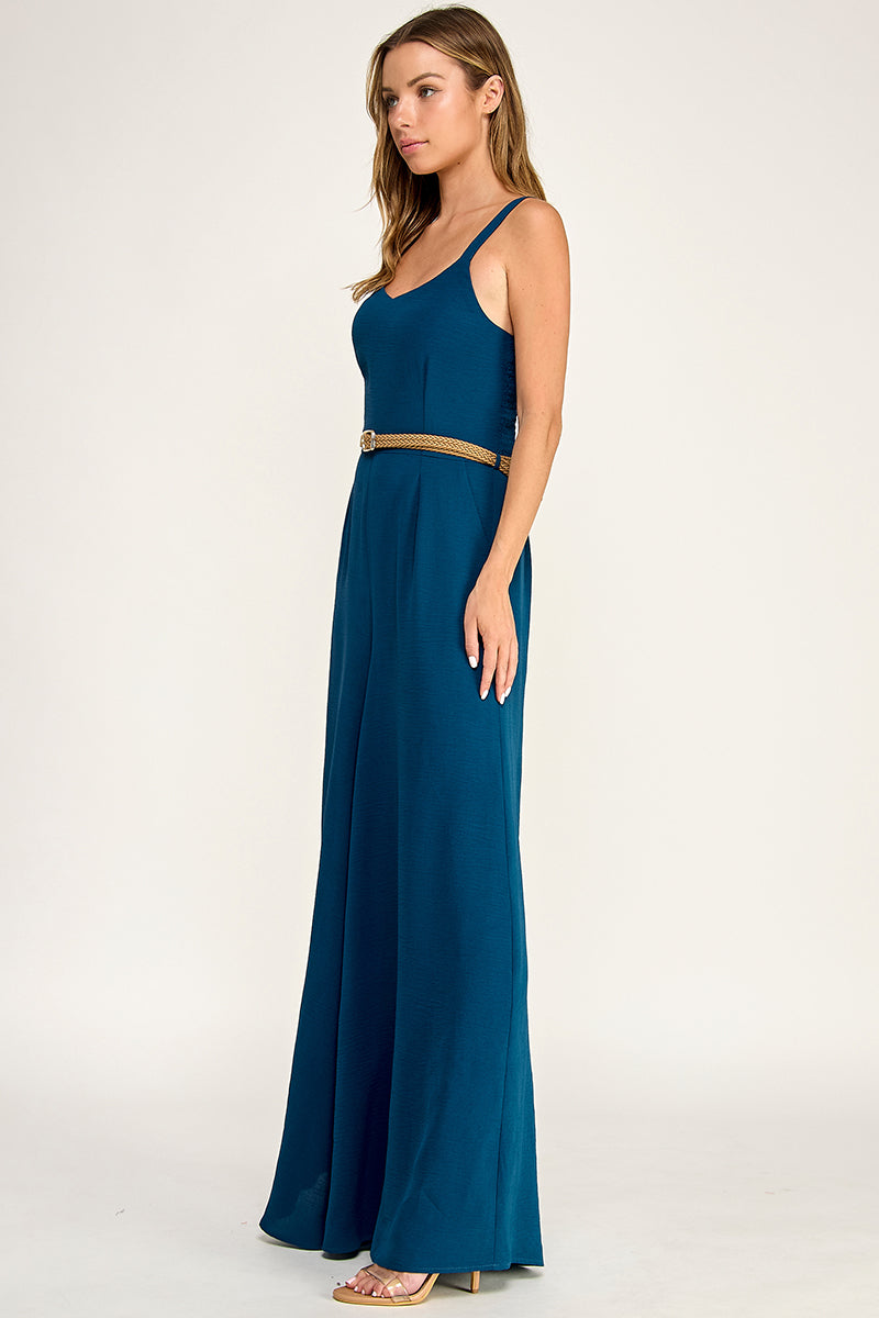 J5765 Solid V Neck Belted Jumpsuit