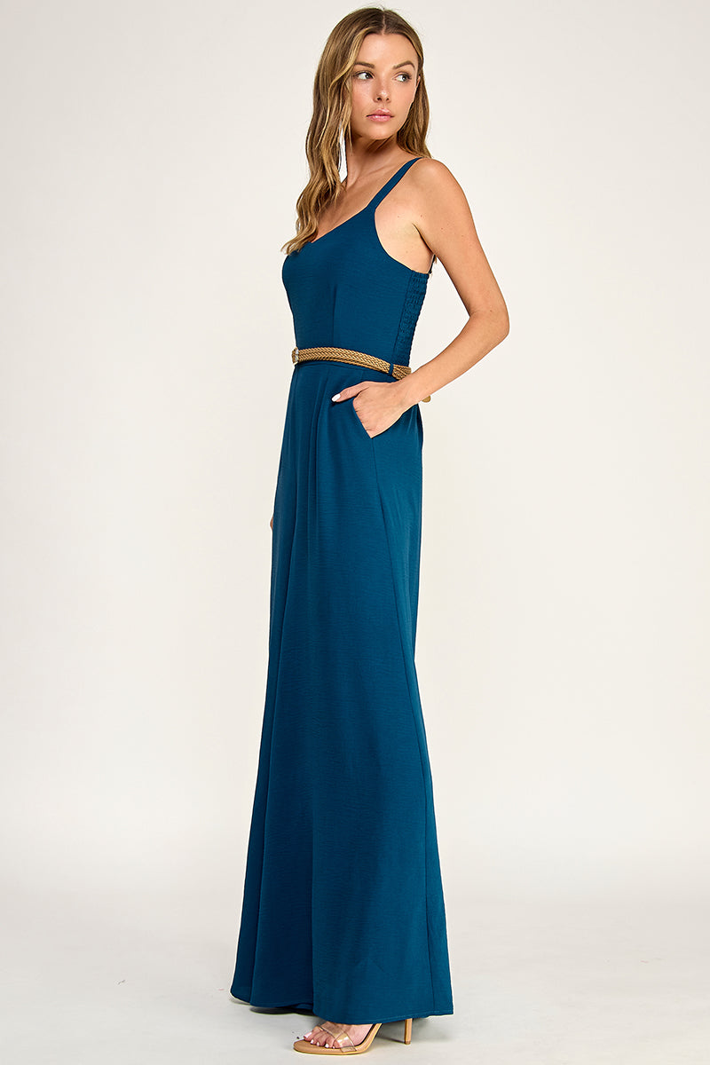 J5765 Solid V Neck Belted Jumpsuit