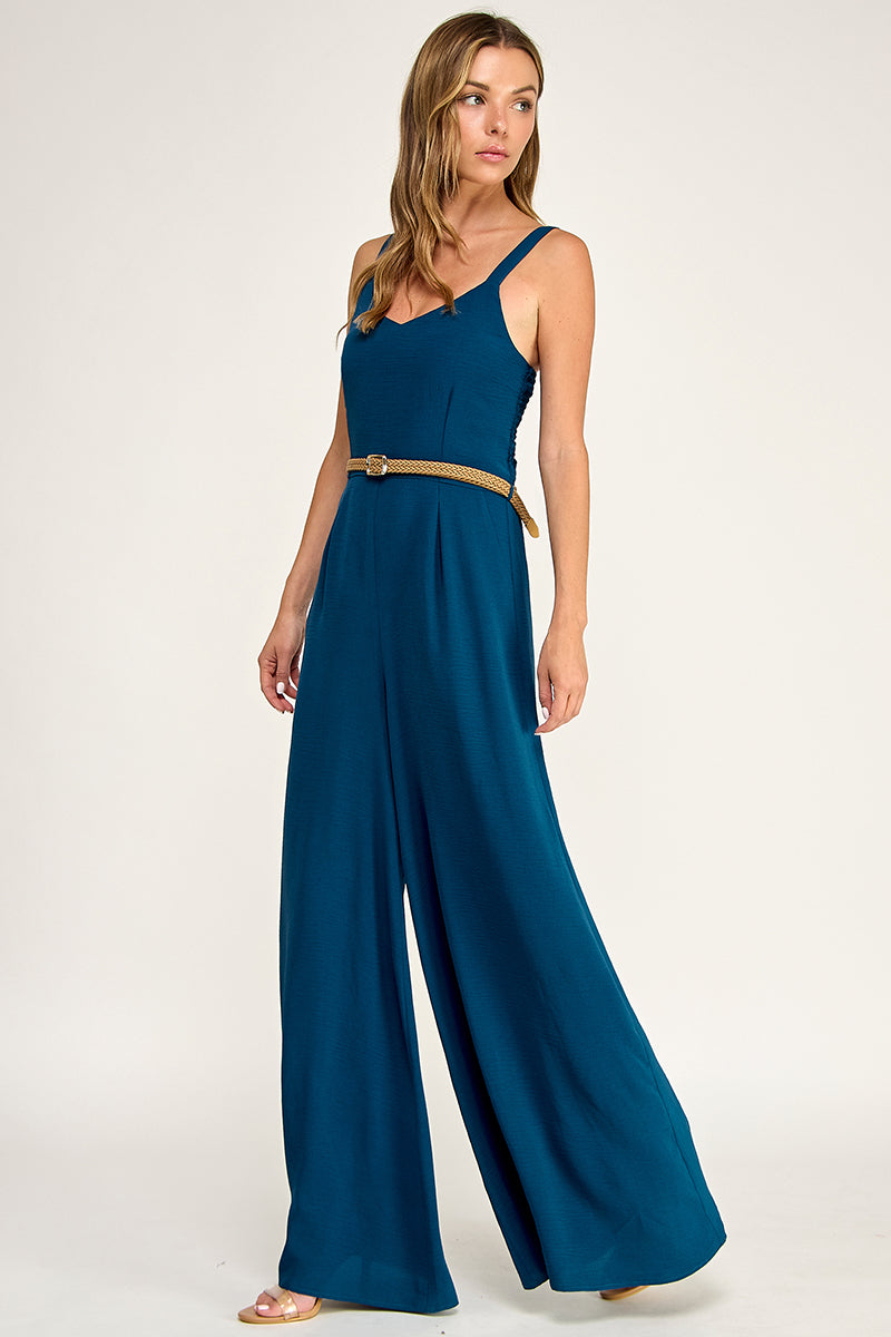 J5765 Solid V Neck Belted Jumpsuit