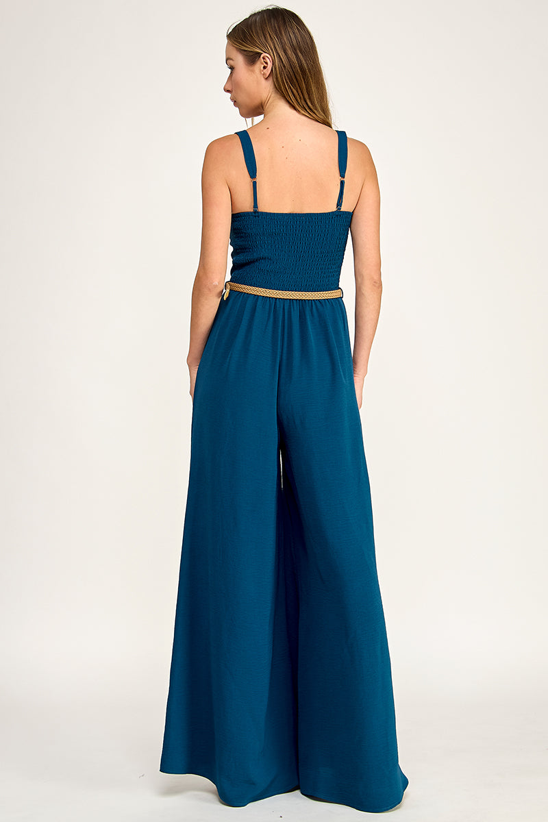 J5765 Solid V Neck Belted Jumpsuit