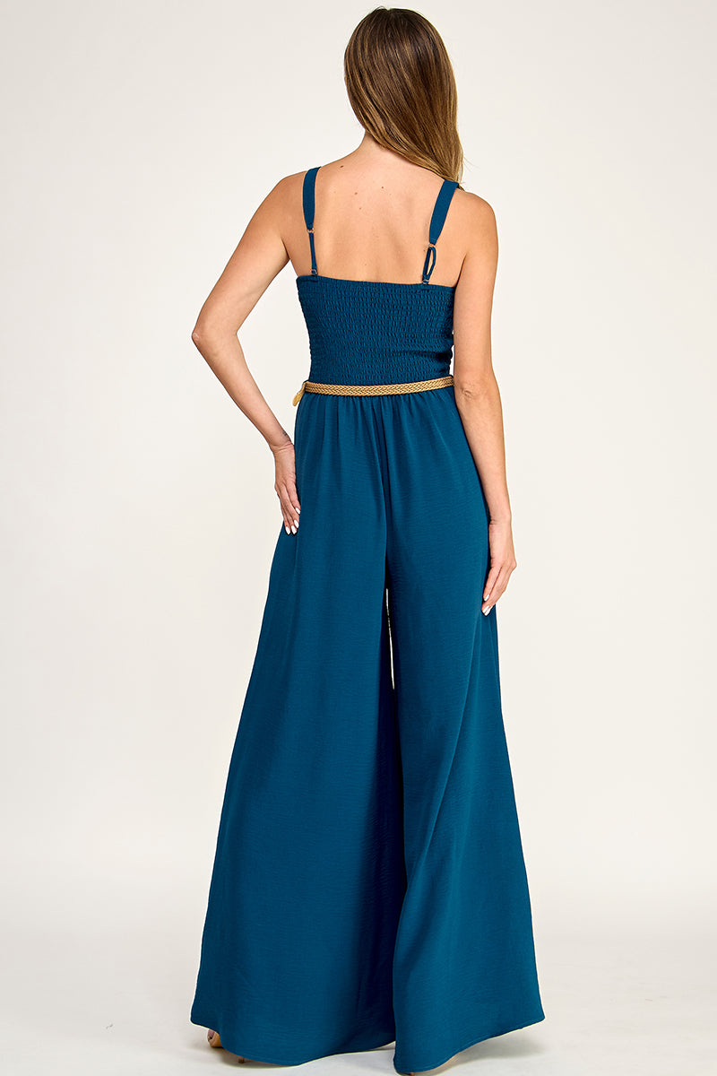 J5765 Solid V Neck Belted Jumpsuit