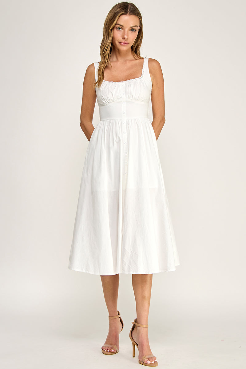 D5629-1 Lace Trim Button Down Midi Dress