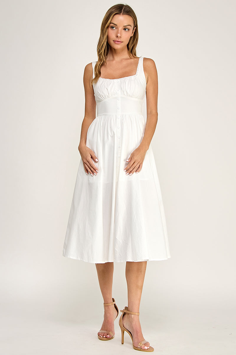 D5629-1 Lace Trim Button Down Midi Dress
