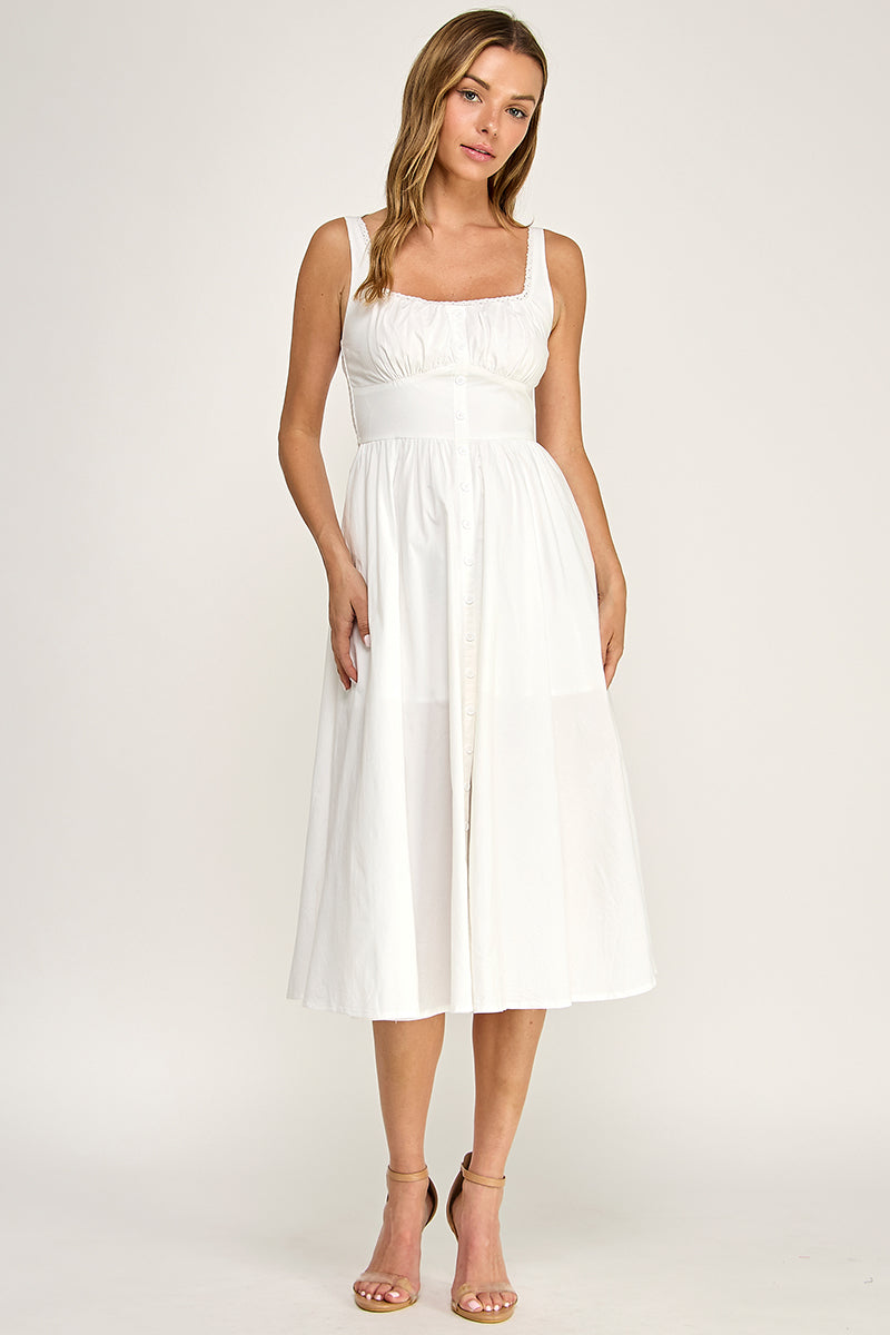 D5629-1 Lace Trim Button Down Midi Dress