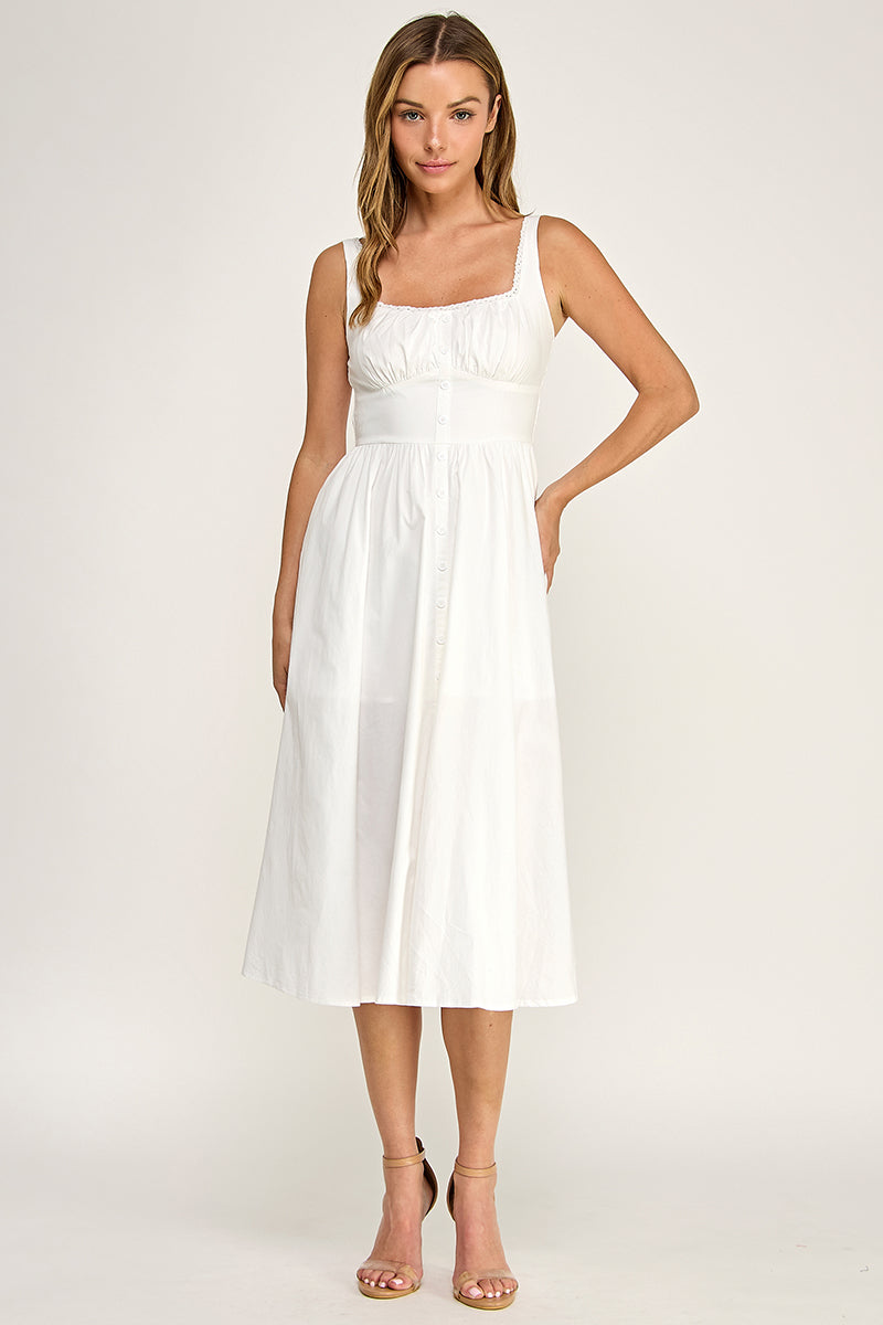 D5629-1 Lace Trim Button Down Midi Dress