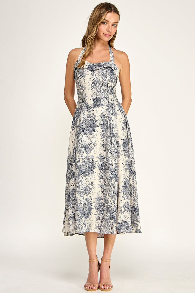 D5526S-3 Floral Halter Midi Dress