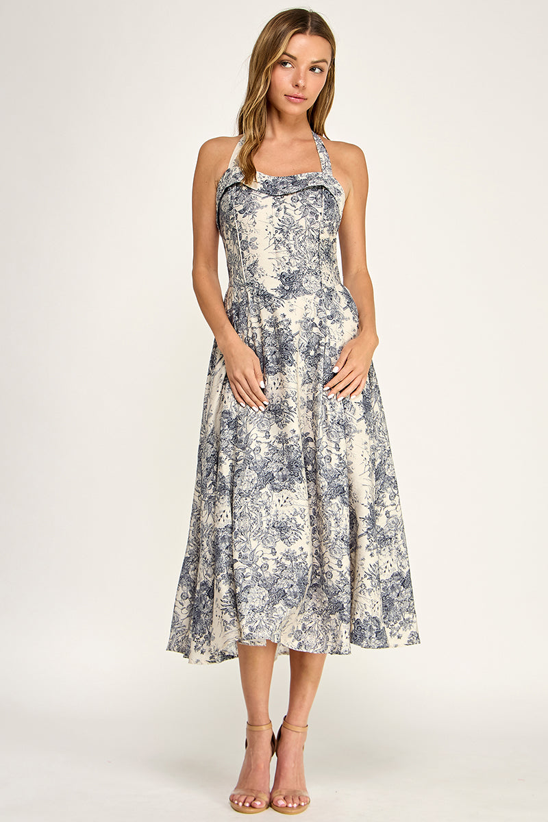 D5526S-3 Floral Halter Midi Dress