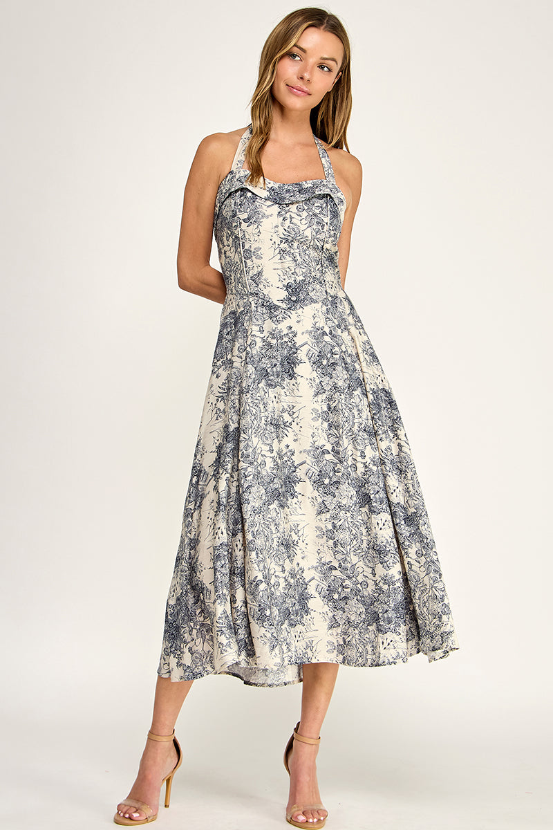 D5526S-3 Floral Halter Midi Dress