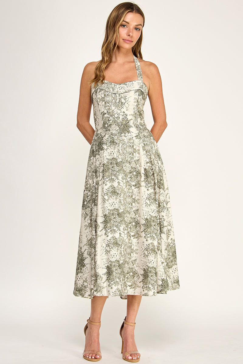 D5526S-3 Floral Halter Midi Dress