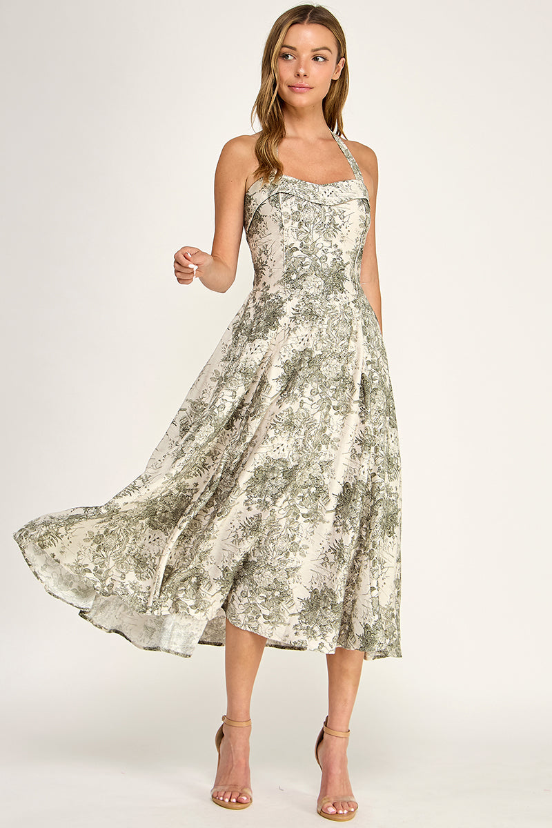D5526S-3 Floral Halter Midi Dress