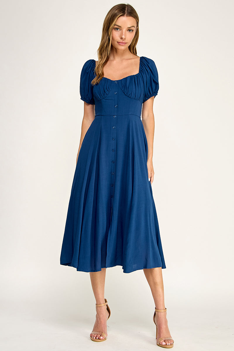 D5651 Button-front Midi l Lightweight Smocked Back Dress