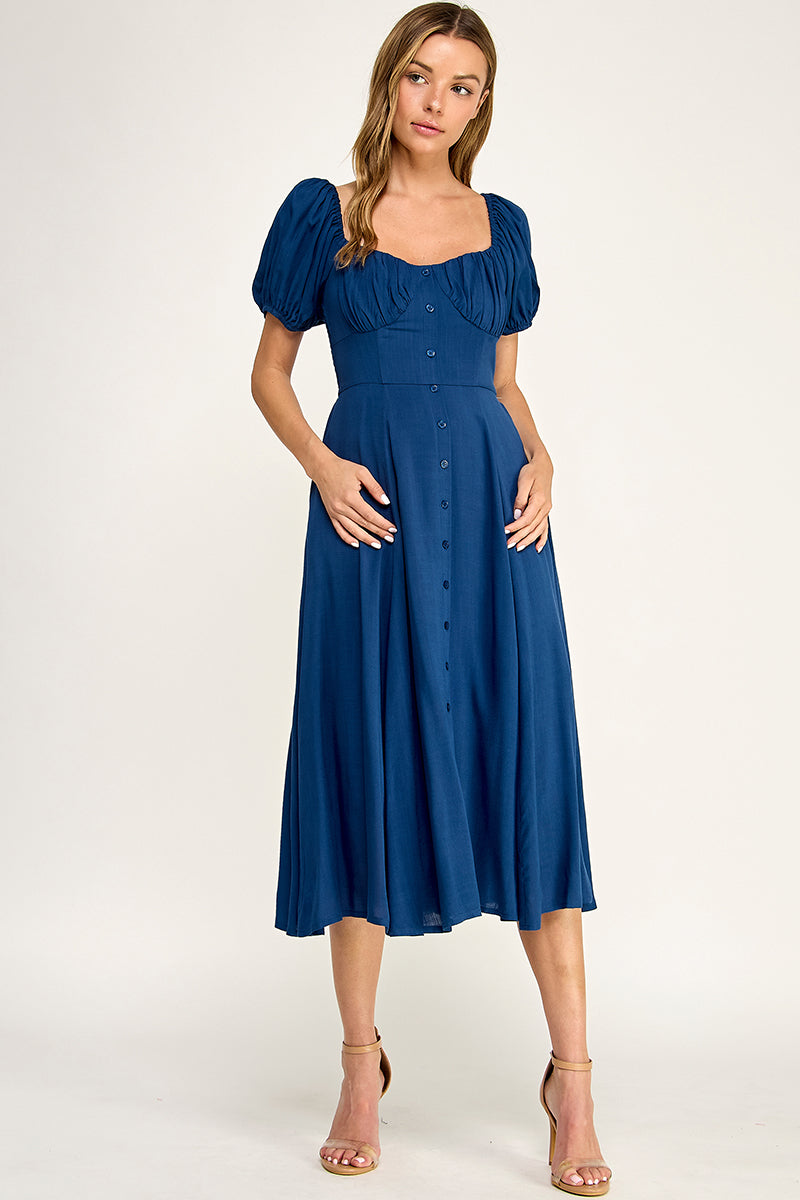 D5651 Button-front Midi l Lightweight Smocked Back Dress