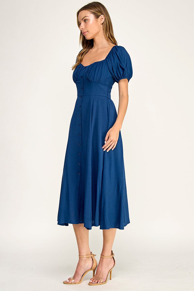 D5651 Button-front Midi l Lightweight Smocked Back Dress
