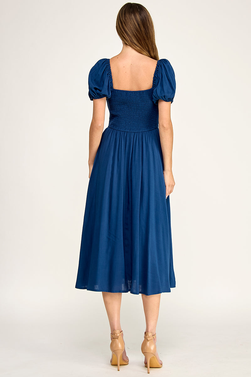 D5651 Button-front Midi l Lightweight Smocked Back Dress