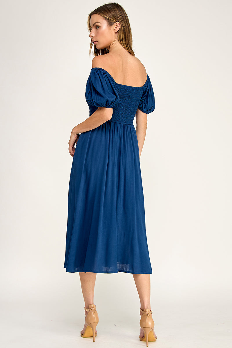 D5651 Button-front Midi l Lightweight Smocked Back Dress