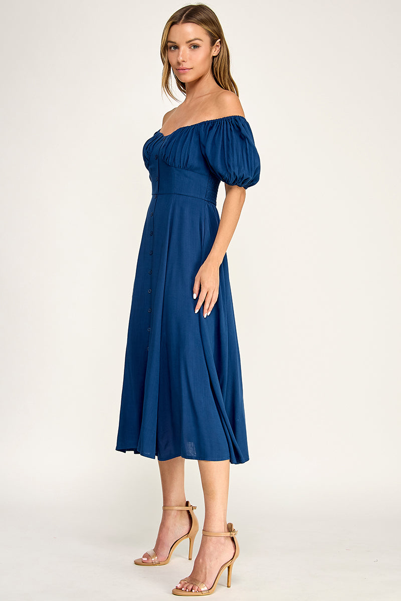 D5651 Button-front Midi l Lightweight Smocked Back Dress