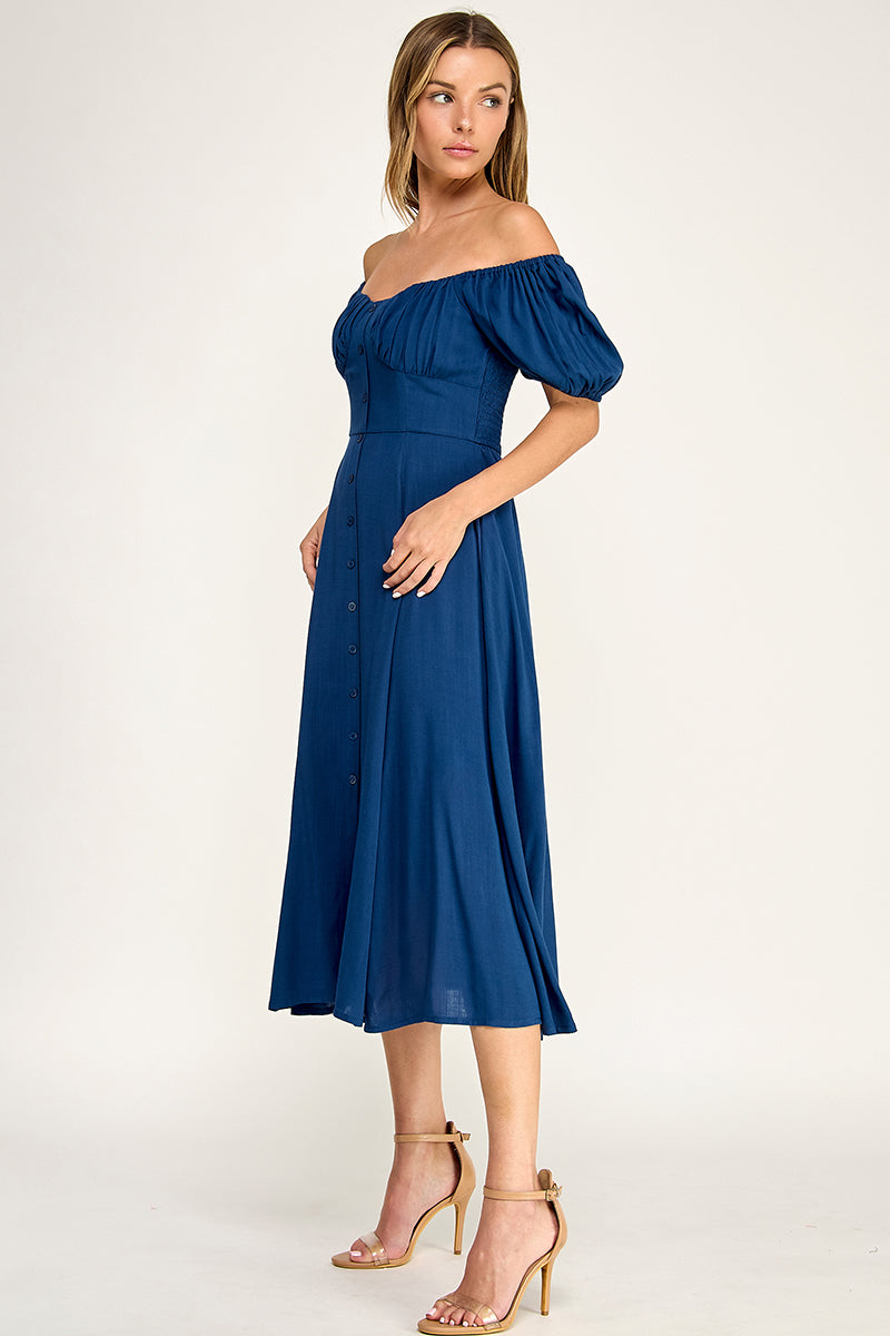 D5651 Button-front Midi l Lightweight Smocked Back Dress