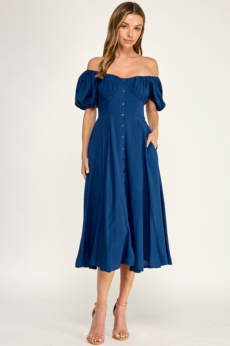 D5651 Button-front Midi l Lightweight Smocked Back Dress