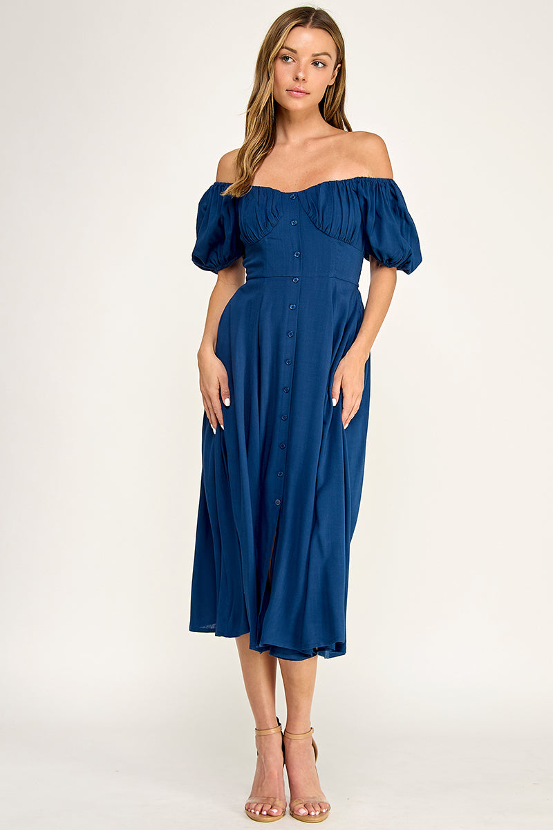 D5651 Button-front Midi l Lightweight Smocked Back Dress