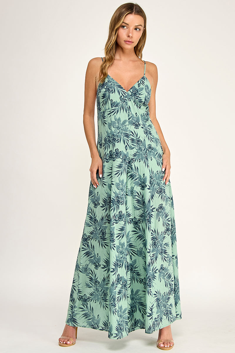 J5762 V Neck Leaf Print Jumpsuit