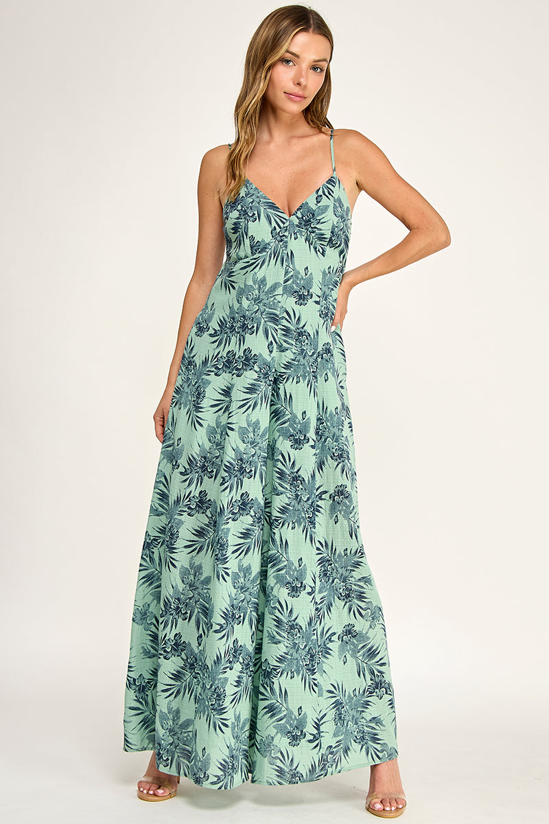 J5762 V Neck Leaf Print Jumpsuit