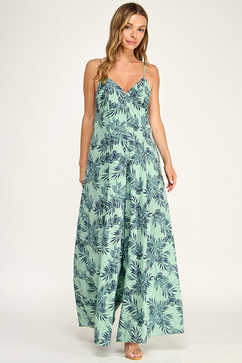 J5762 V Neck Leaf Print Jumpsuit