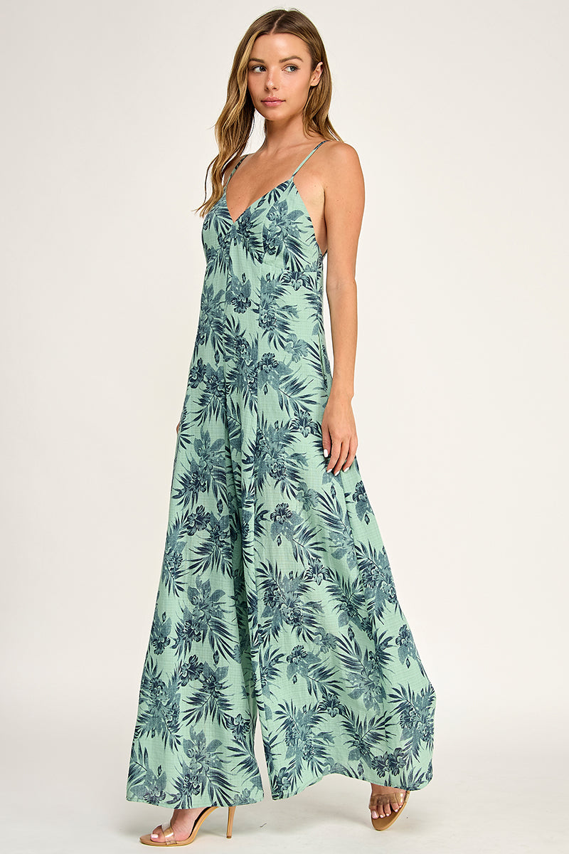 J5762 V Neck Leaf Print Jumpsuit
