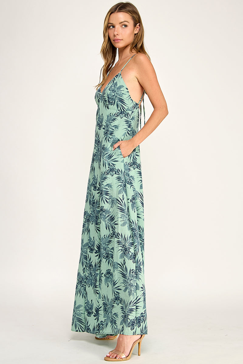 J5762 V Neck Leaf Print Jumpsuit