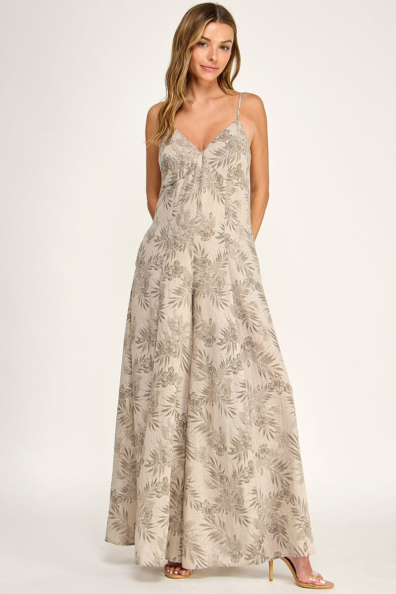 J5762 V Neck Leaf Print Jumpsuit