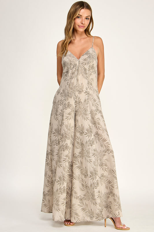 J5762 V Neck Leaf Print Jumpsuit
