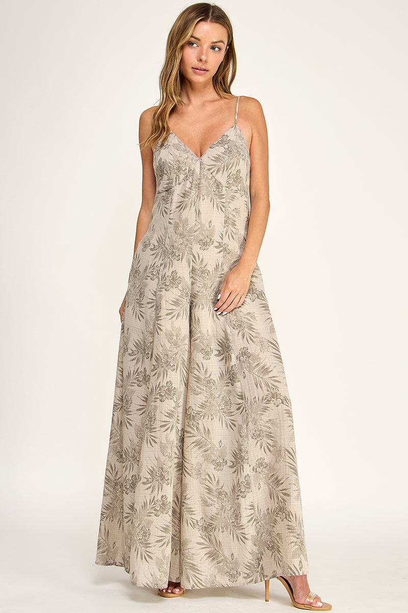 J5762 V Neck Leaf Print Jumpsuit