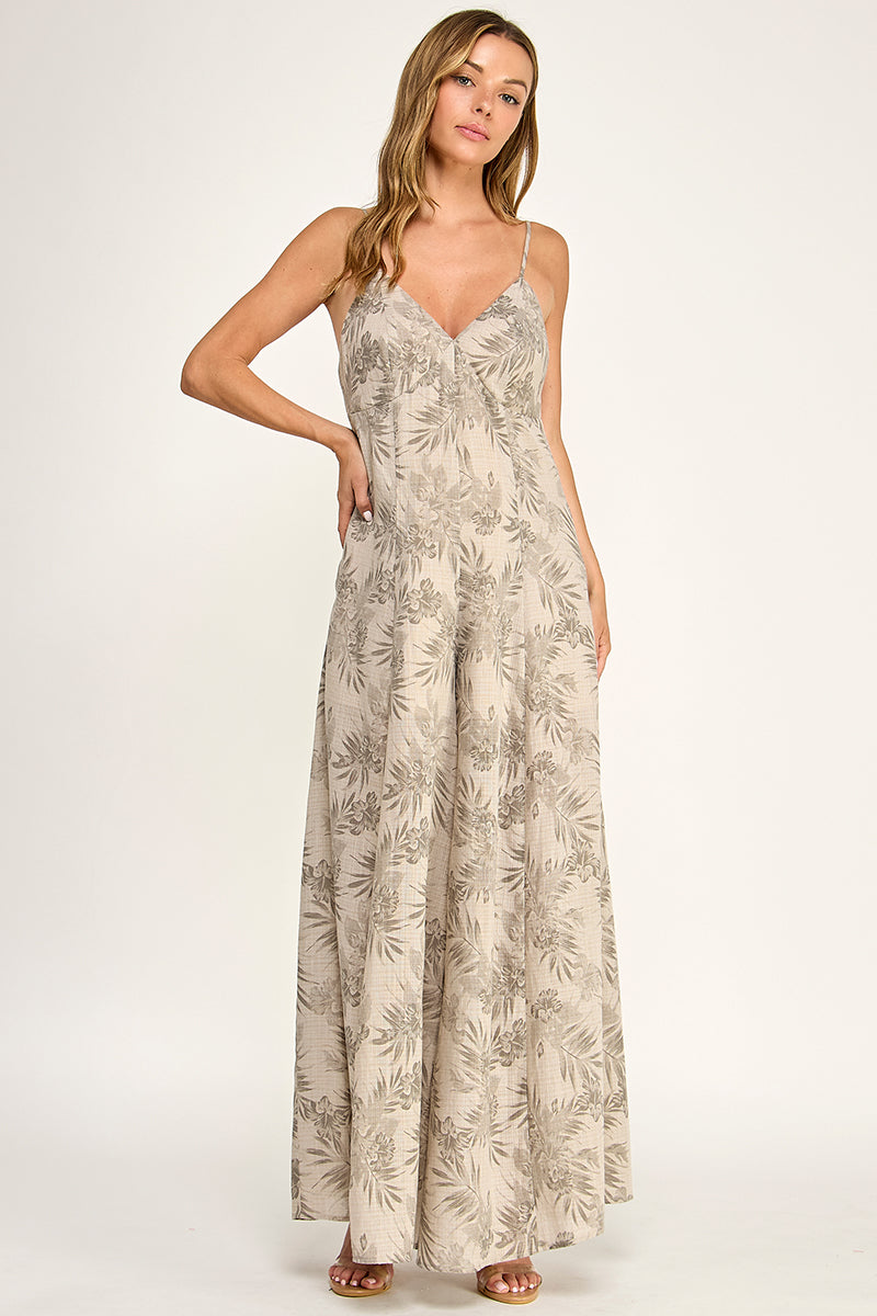 J5762 V Neck Leaf Print Jumpsuit