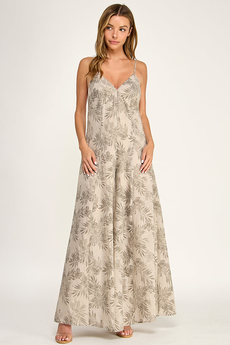 J5762 V Neck Leaf Print Jumpsuit
