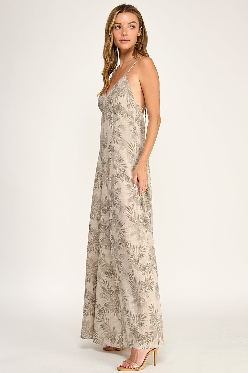 J5762 V Neck Leaf Print Jumpsuit