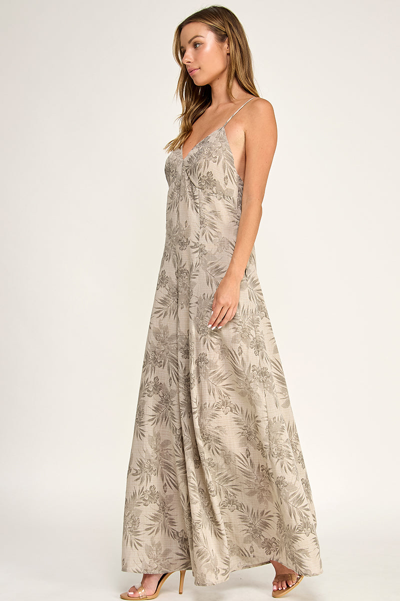 J5762 V Neck Leaf Print Jumpsuit