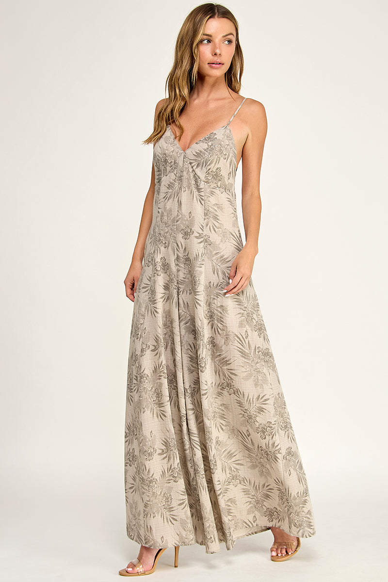 J5762 V Neck Leaf Print Jumpsuit