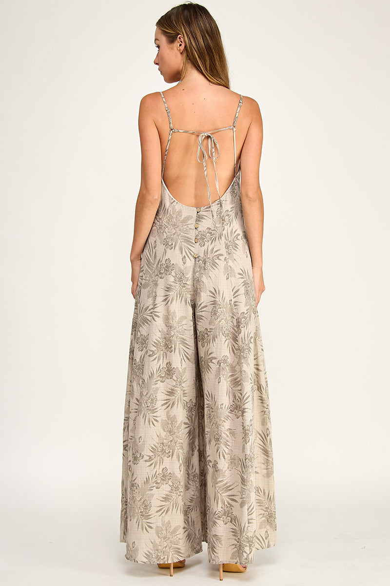 J5762 V Neck Leaf Print Jumpsuit