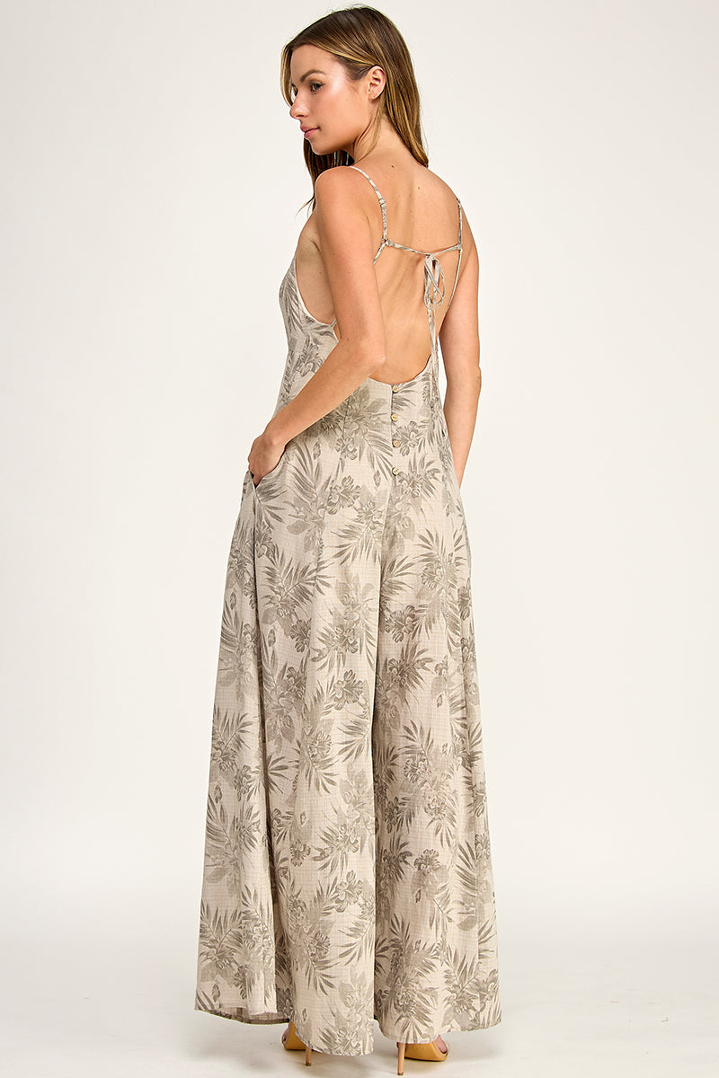 J5762 V Neck Leaf Print Jumpsuit