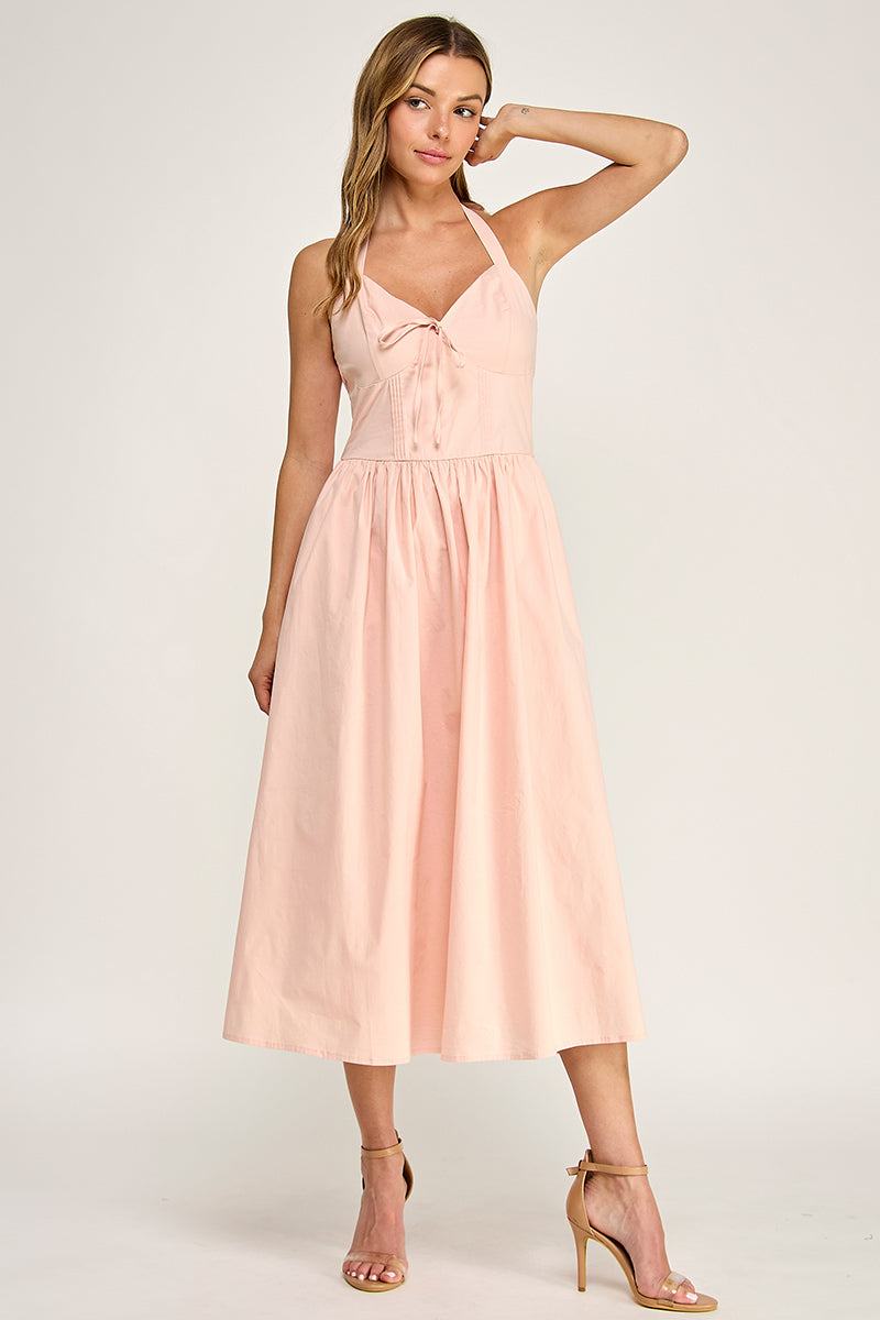 D5754S Solid Halter Tie-Front Fit-and-Flare Midi Dress
