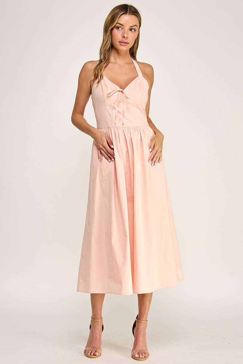 D5754S Solid Halter Tie-Front Fit-and-Flare Midi Dress