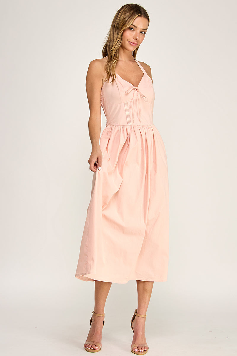 D5754S Solid Halter Tie-Front Fit-and-Flare Midi Dress