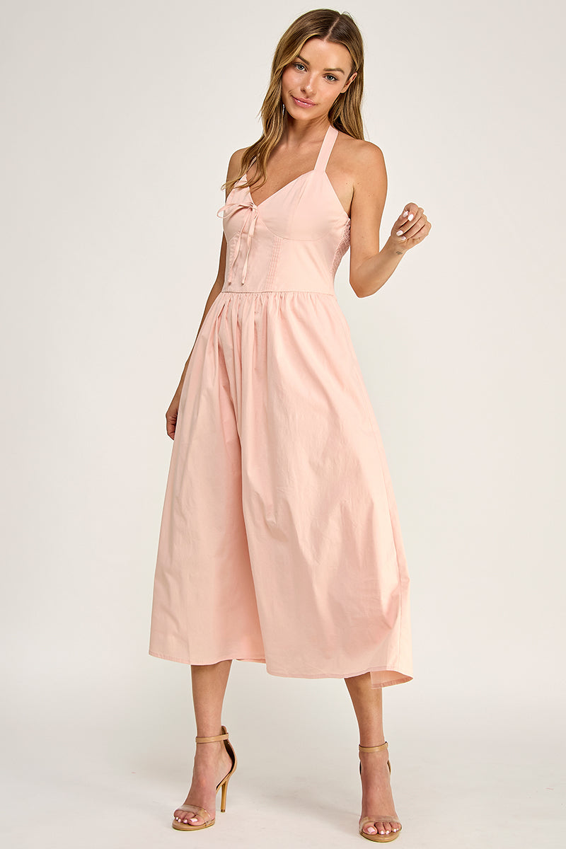 D5754S Solid Halter Tie-Front Fit-and-Flare Midi Dress