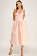 D5754S Solid Halter Tie-Front Fit-and-Flare Midi Dress