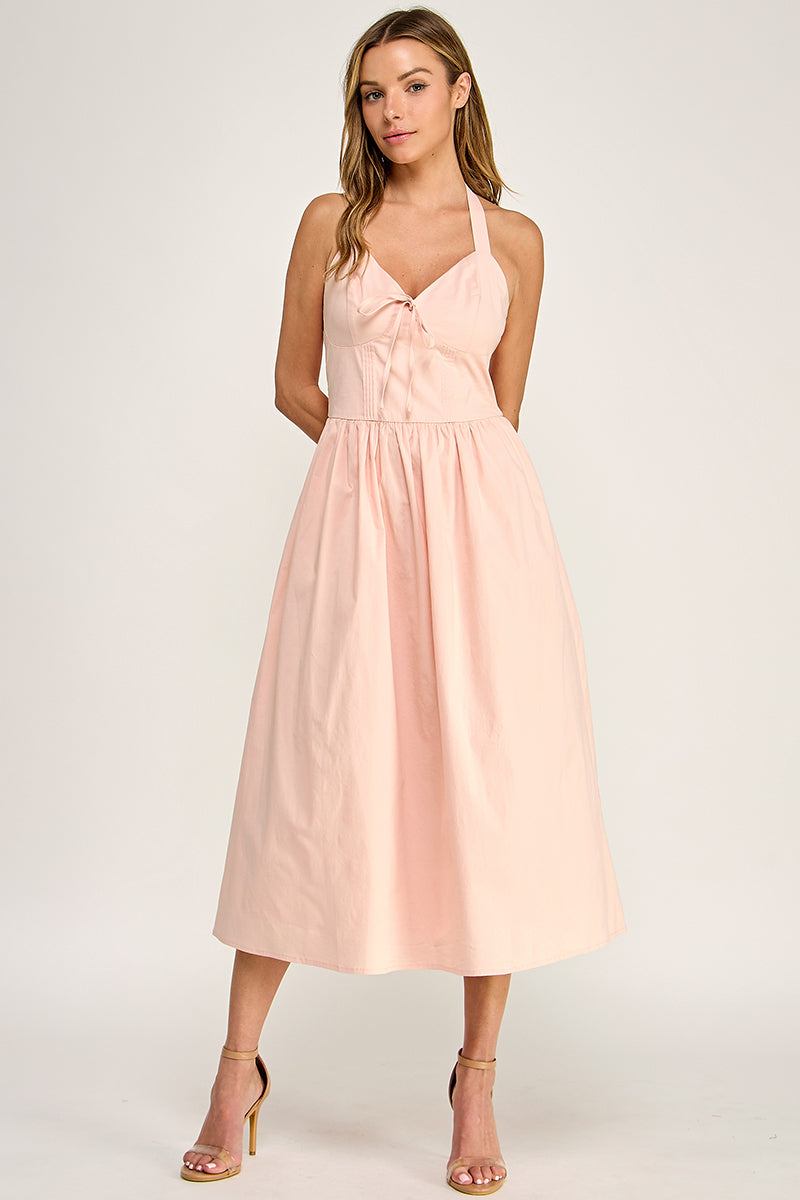 D5754S Solid Halter Tie-Front Fit-and-Flare Midi Dress