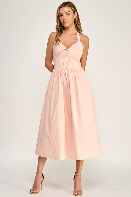 D5754S Solid Halter Tie-Front Fit-and-Flare Midi Dress